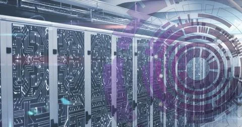 Image of loading circles over circuit board pattern on server racks in serv.. Stock Photos