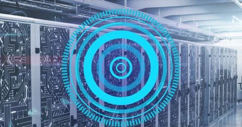 Image of loading circles over circuit board pattern on data server racks in Stock Photos