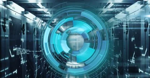 Image of loading circles over computer language against lines and bars on s.. Stockfoto's