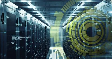 Image of loading circles over computer language against bars on server room Stockfoto's