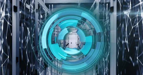 Image of loading circles over connected dots on data server racks in server room Stock Illustration