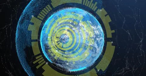 Image of loading circles over connected dots around globes against abstract Foto stock