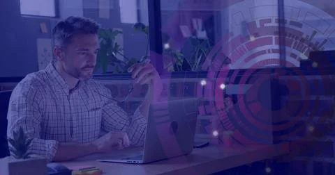 Image of loading circles over thoughtful caucasian man analyzing reports on Stock Illustration