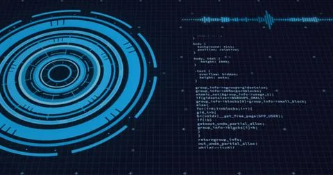 Image of loading circles, soundwave and computer language over black backgrou 写真素材
