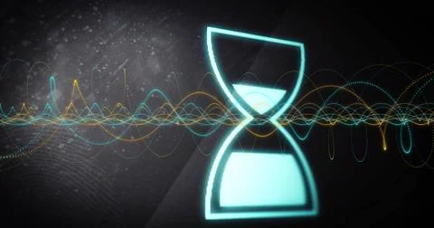 Image of loading hourglass icon over spirals on black background Foto stock