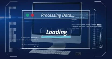 Image of loading over digital screen and screen on navy background Foto stock