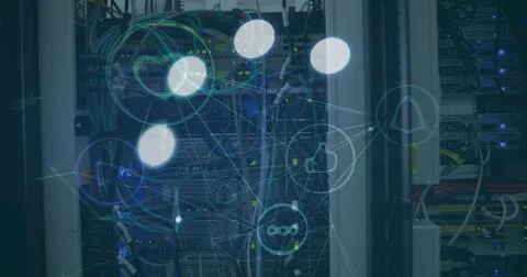 Image of loading ring over network of connections and server room 스톡 일러스트