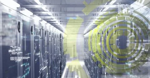 Image of loading scopes over computer language against lines and bars on se.. Stock Photos