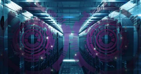 Image of loading scopes over computer language against bar on server room Stock Photos