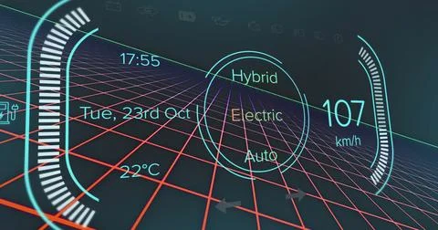 Image of loading speedometer with texts and numbers over grid pattern again.. Stock Photos