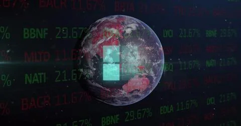 Image of loading squares icon and financial data processing over globe イラスト素材
