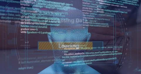Image of loading text, bar, computer language, digital face on cropped hands 스톡 사진