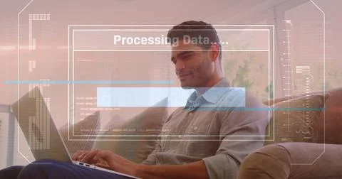 Image of loading text in bar, computer language, biracial man using laptop at Stock Photos