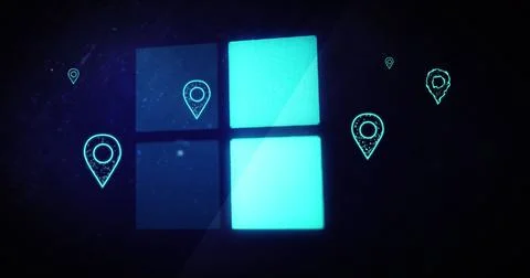 Image of location pins, loading squares with data processing over black 写真素材