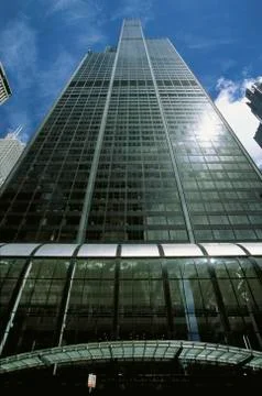 This is an image looking straight up at the Sears Tower Skydeck in summer. Stock Photos