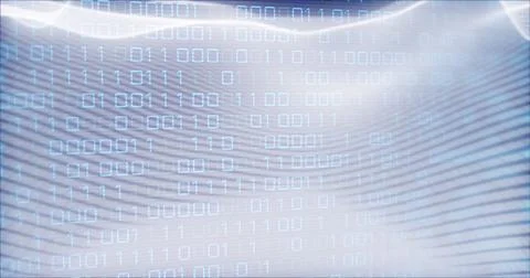 Image of looping binary codes and dynamic wave pattern over abstract background Stock Photos