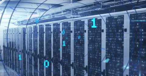 Image of looping binary codes in circular tunnel over bars on server racks .. Stock Photos
