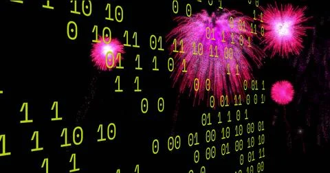 Image of looping binary codes over colorful exploding fireworks against black Stock Photos