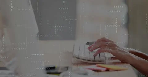 Image of looping binary codes over cropped hands of caucasian woman typing on Stock Photos