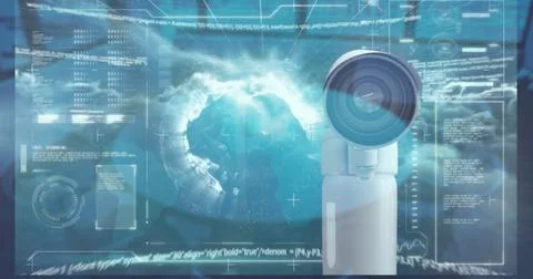 Image of looping multiple infographic interface, connected icons over empty Stock Photos