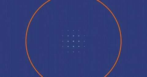Image of looping orange circles and dots against blue background Stock Photos