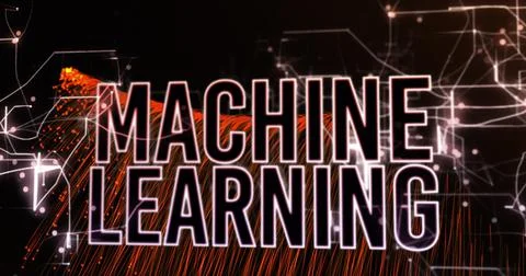 Image of machine learning text over spots on black background 스톡 일러스트