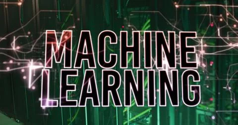 Image of machine learning text over abstract patterns against illuminated server Stock Illustration