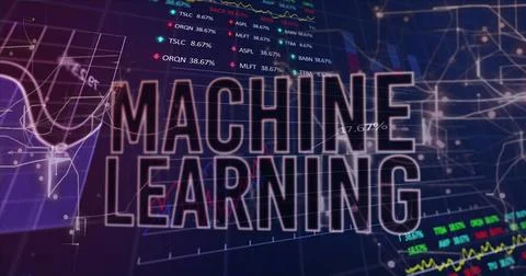 Image of machine learning text over multiple graphs, trading boards and computer Foto stock