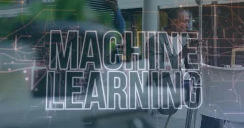 Image of machine learning text over african american man drinking coffee and Stock Photos
