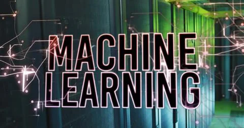 Image of machine learning text over illuminated abstract patterns over server 스톡 사진