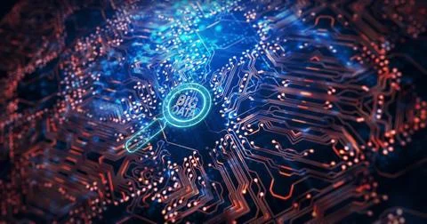 Image of magnifying glass with big data text over computer circuit board 스톡 일러스트