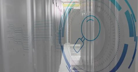 Image of magnifying loop and digital data processing over computer servers 写真素材