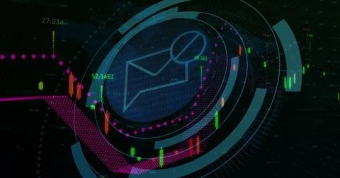 Image of mail icon, digital data processing over scope scanning on dark Illustrazione stock