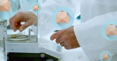 Image of mail icons and data processing over caucasian male scientist in 库存照片