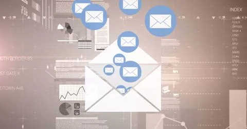 Image of mail icons with statistics and financial data processing Illustrazione stock
