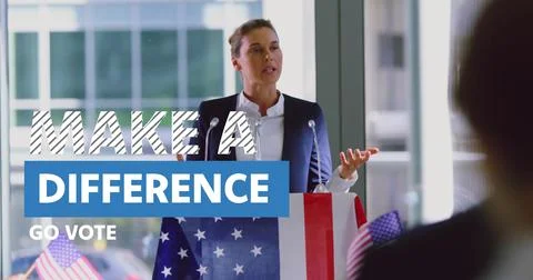 Image of make a difference go vote text over caucasian female politician Stock Photos