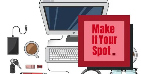 Image of make it your spot text on memo note over laptop and office items on Ilustração Stock