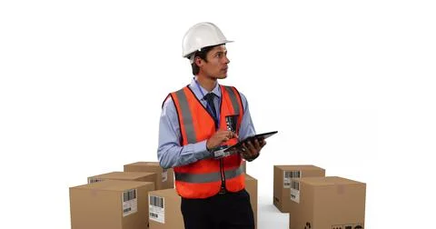 Image of male architect using tablet with stacks of boxes on white background Stock Photos