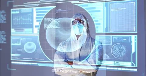 Image of male scientist behind interactive computer screen with medical data Foto stock