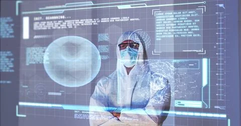 Image of male scientist behind interactive computer screen with medical data 스톡 사진
