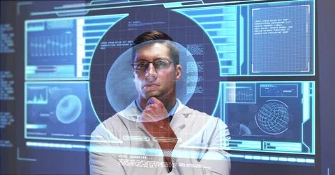 Image of male scientist behind interactive computer screen with medical data Foto stock