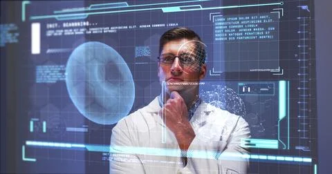 Image of male scientist behind interactive computer screen with medical data Stock Photos