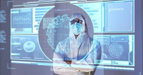 Image of male scientist behind interactive computer screen with medical data 스톡 사진