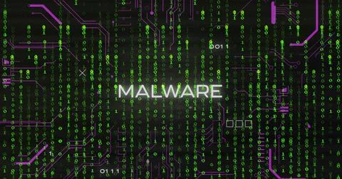 Image of malware text and binary coding data processing over circuit board Stock Photos