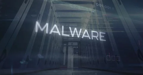 Image of malware text and computer language over low angle view of server room 스톡 사진