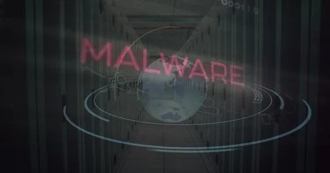 Image of malware text and data processing over computer motherboard and serve Stock Photos