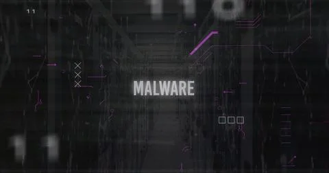Image of malware text and data processing over computer servers Foto stock
