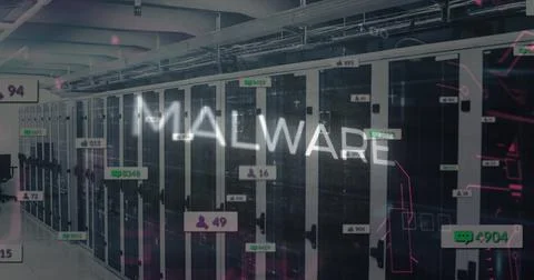 Image of malware text and data processing over server room 스톡 사진