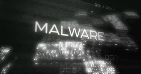 Image of malware text and digital data processing over black background Illustrazione stock