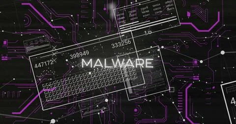 Image of malware text, binary codes, loading bars, changing numbers on connected Stock Illustration